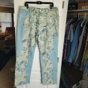 Boohoo Mens Tapestry Distressed Stylish Blue and Cream Men's Jeans